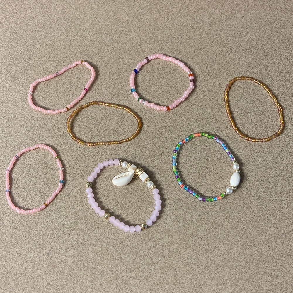 4/$20 bundle and save Beach theme Pink and Gold Beaded Stretch Bracelet Set - Picture 1 of 7